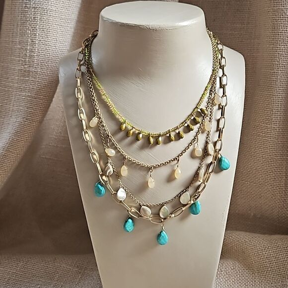 18" Layered 3 Strand Necklace - Gold Turquoise Green Shell - Picture 1 of 7